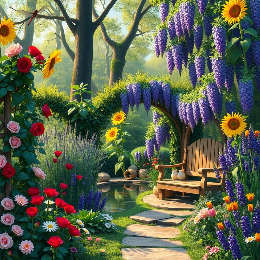 Surreal Garden Scene in Vibrant Colors and Soft Pastels