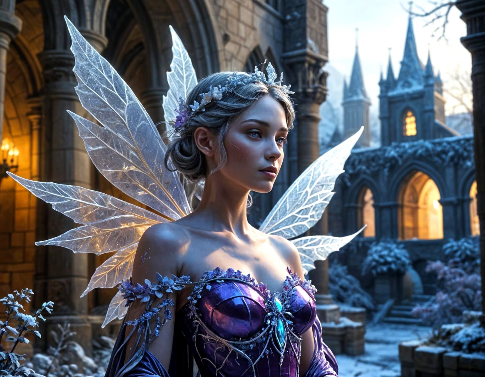 Majestic Dark Fantasy Ice Fairy in Castle Courtyard