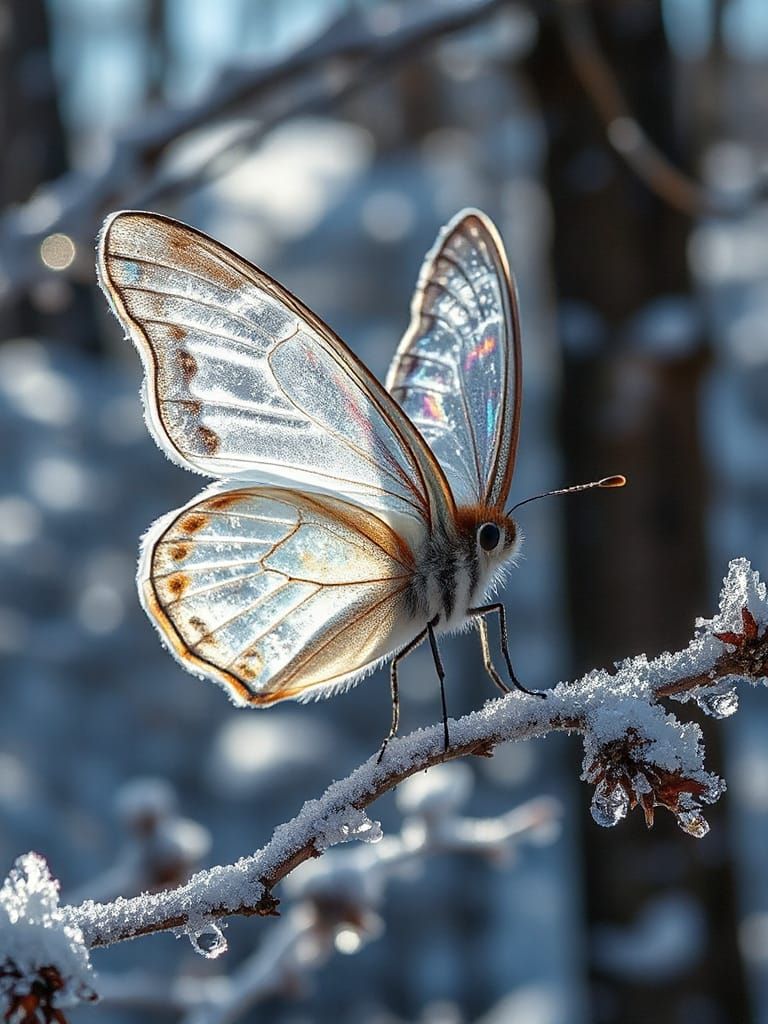 Icy Crystal Butterfly on Frosty Branch: Macro Photograph