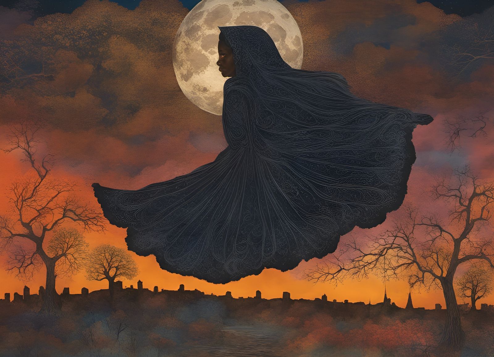 Witch Flying at Night in Dark Gradient Style