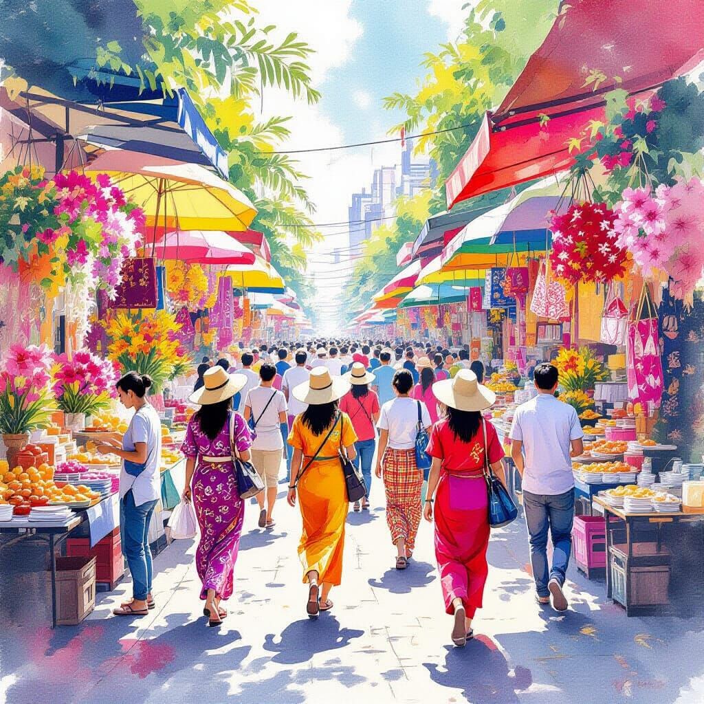 Vibrant Bangkok Market Scene in Watercolor Style