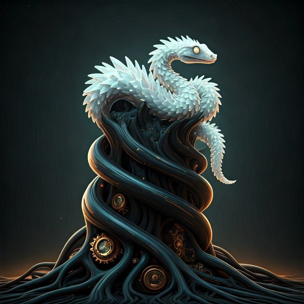 Bioluminescent Obsidian Serpent on Crystal Tree Stump