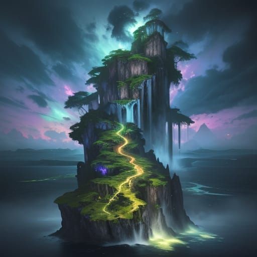 Floating Islands in Vibrant Sky, Splash Art Style