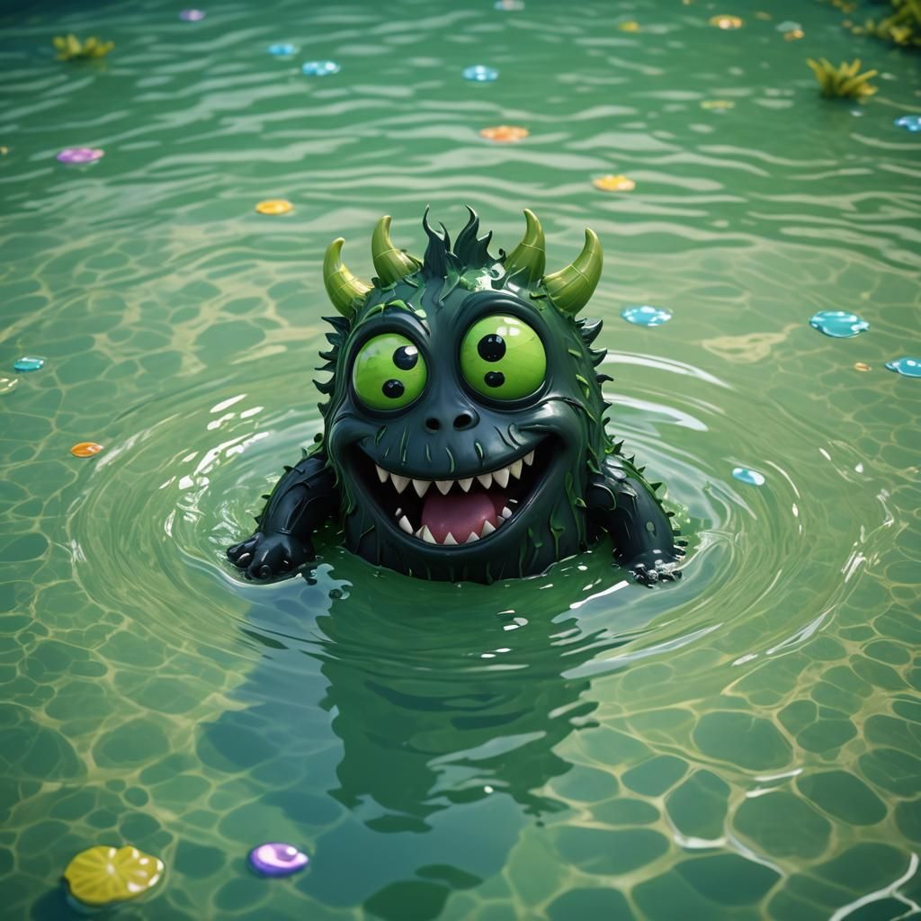 Adorable Dark Monster in Green Pool: CGI Hyperrealism