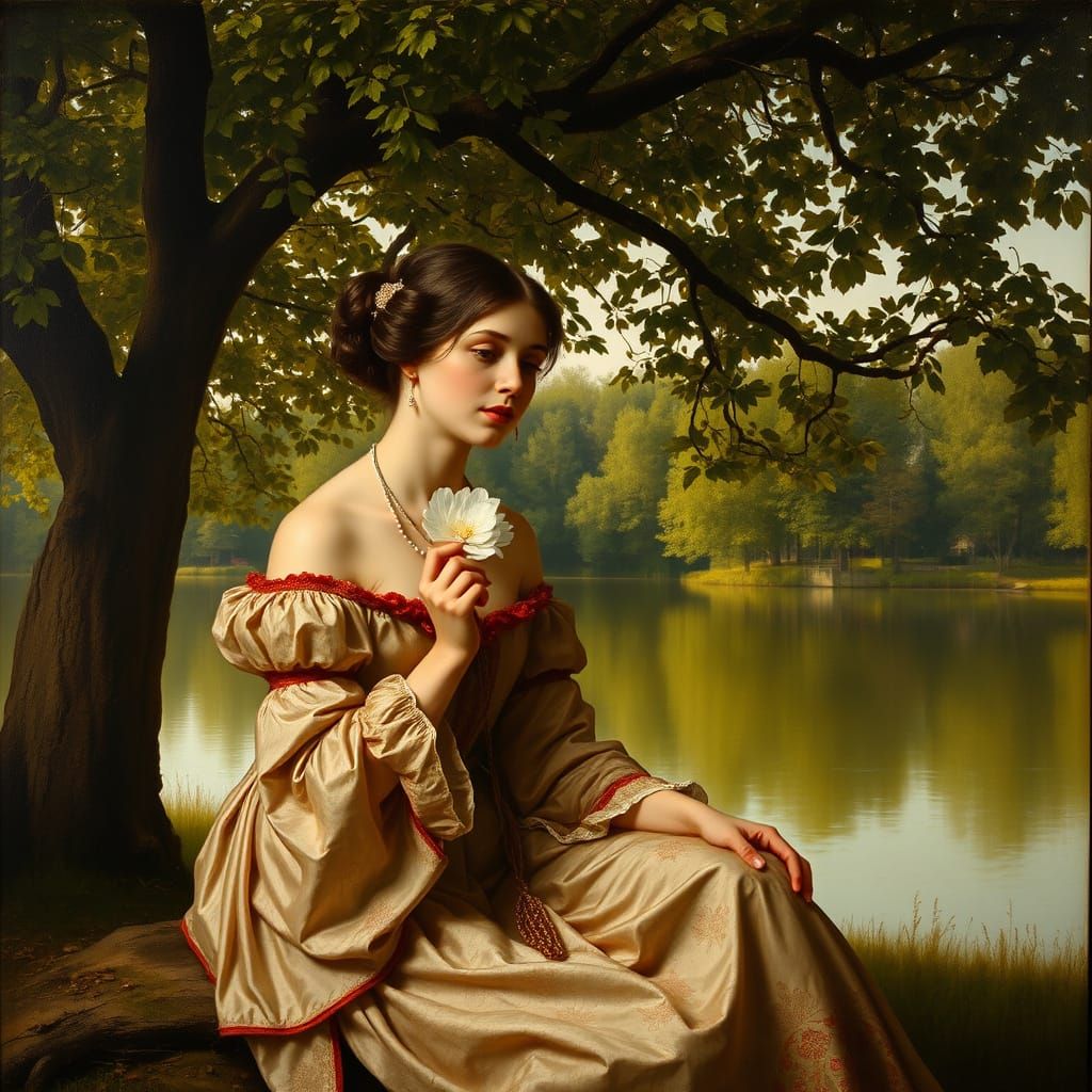 Baroque Woman with Flower by Lake