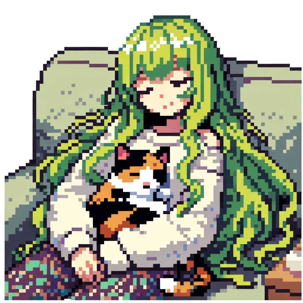 Pixelated Anime Girl Slumbers with Calico Cat
