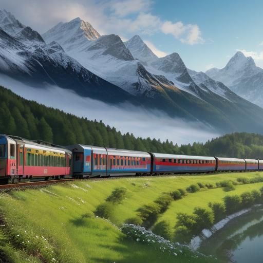 Glacier Express Train Through Alpine Meadow: Fauvist Paintin...