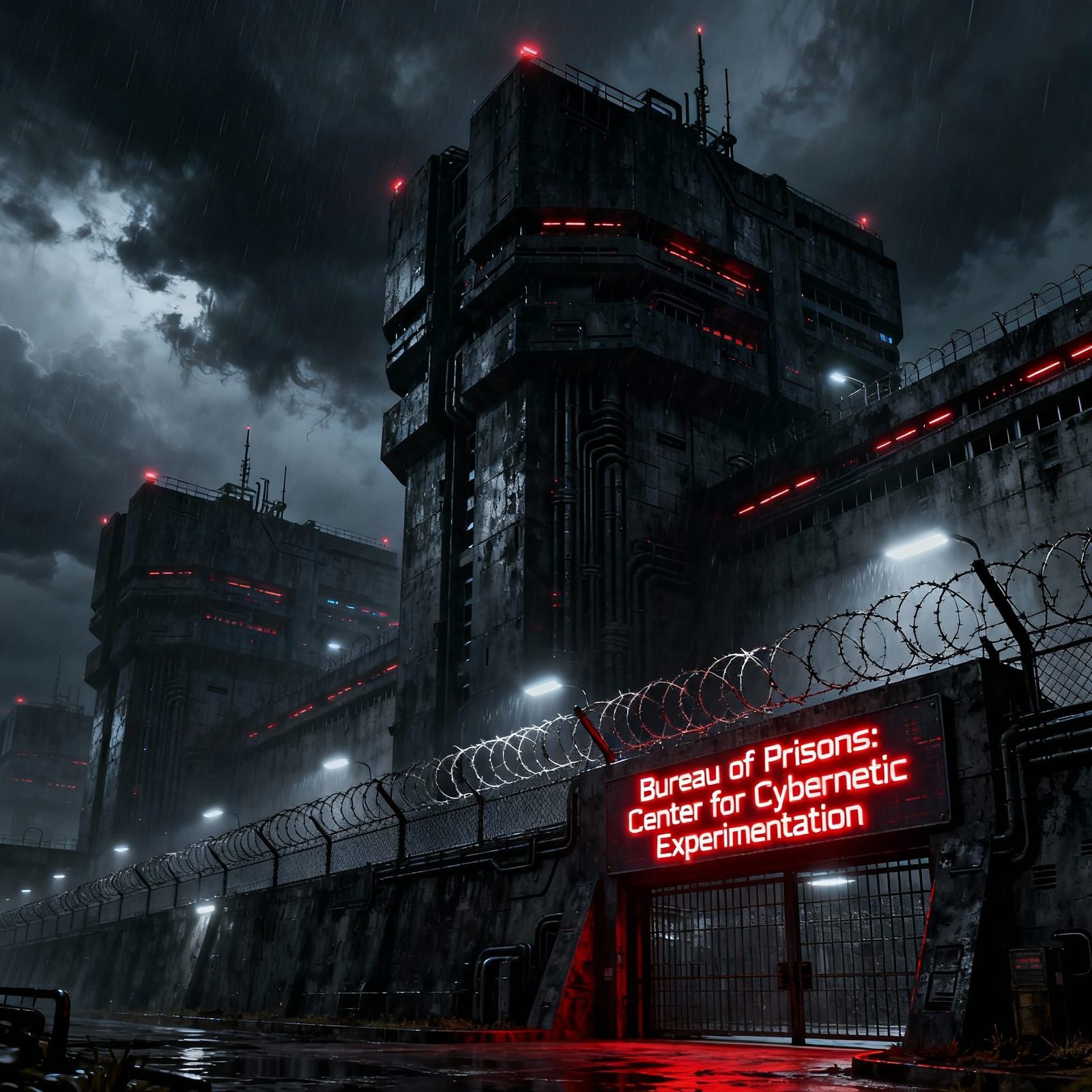 Futuristic Cyberpunk Prison Under Stormy Skies
