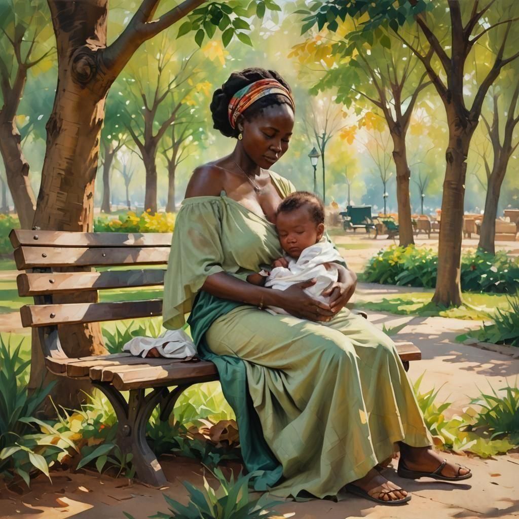 African Mother Breastfeeding Child in Park