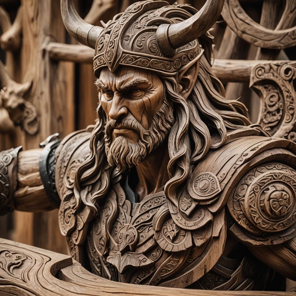 Intricately Carved Wooden Sculpture of Thor