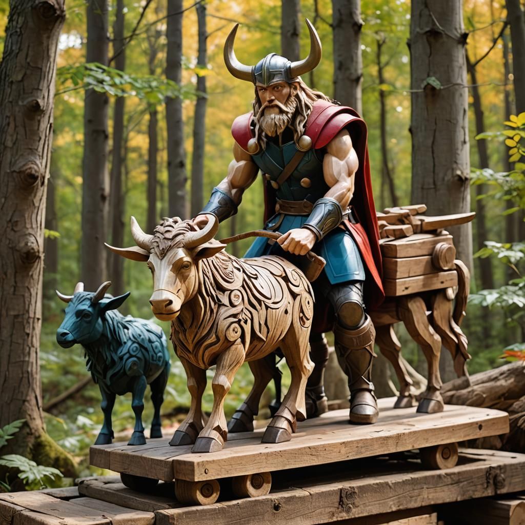 Vibrant Wooden Sculpture of Thor and Goats