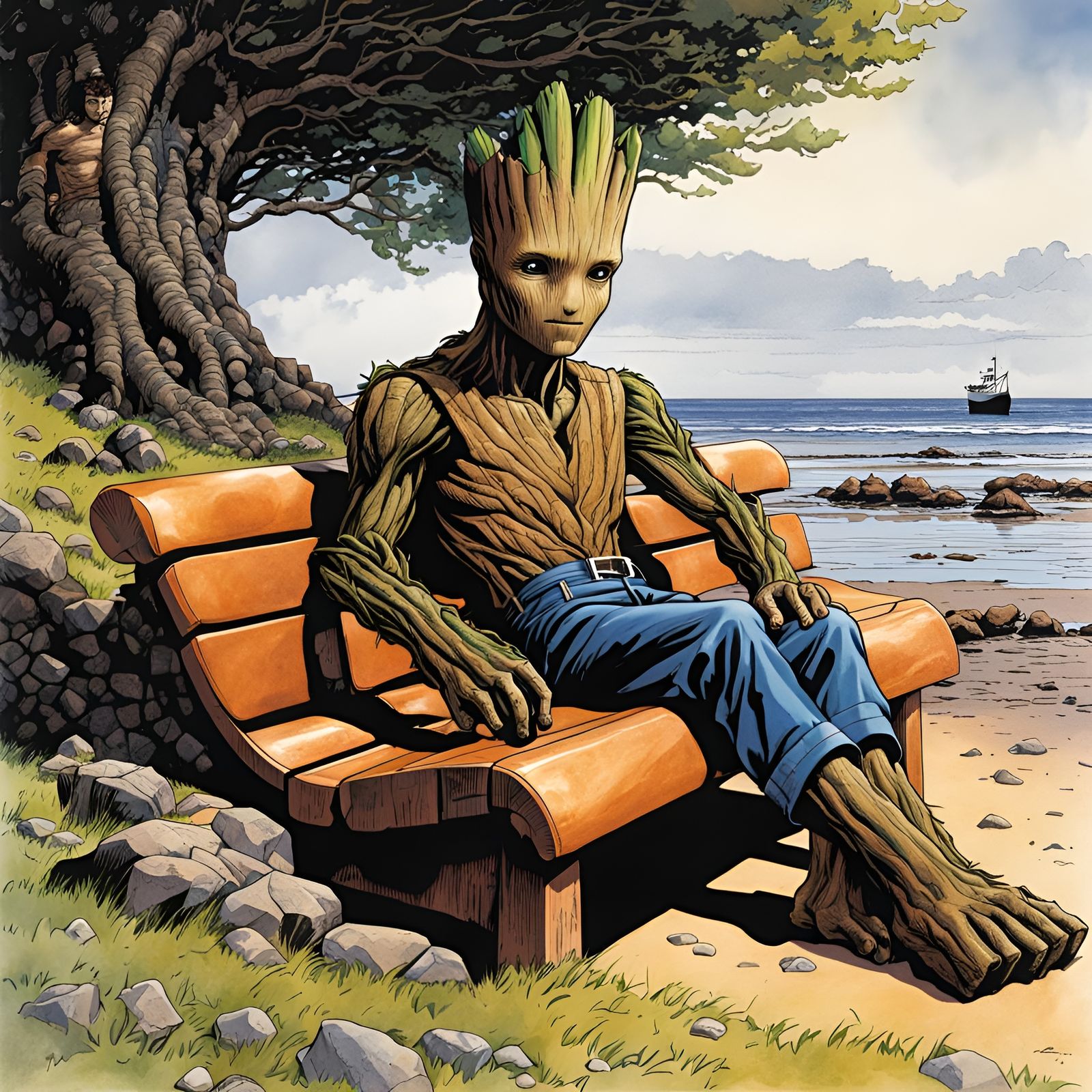 Teenage Groot Lounging on Scottish Shore: Comic Art