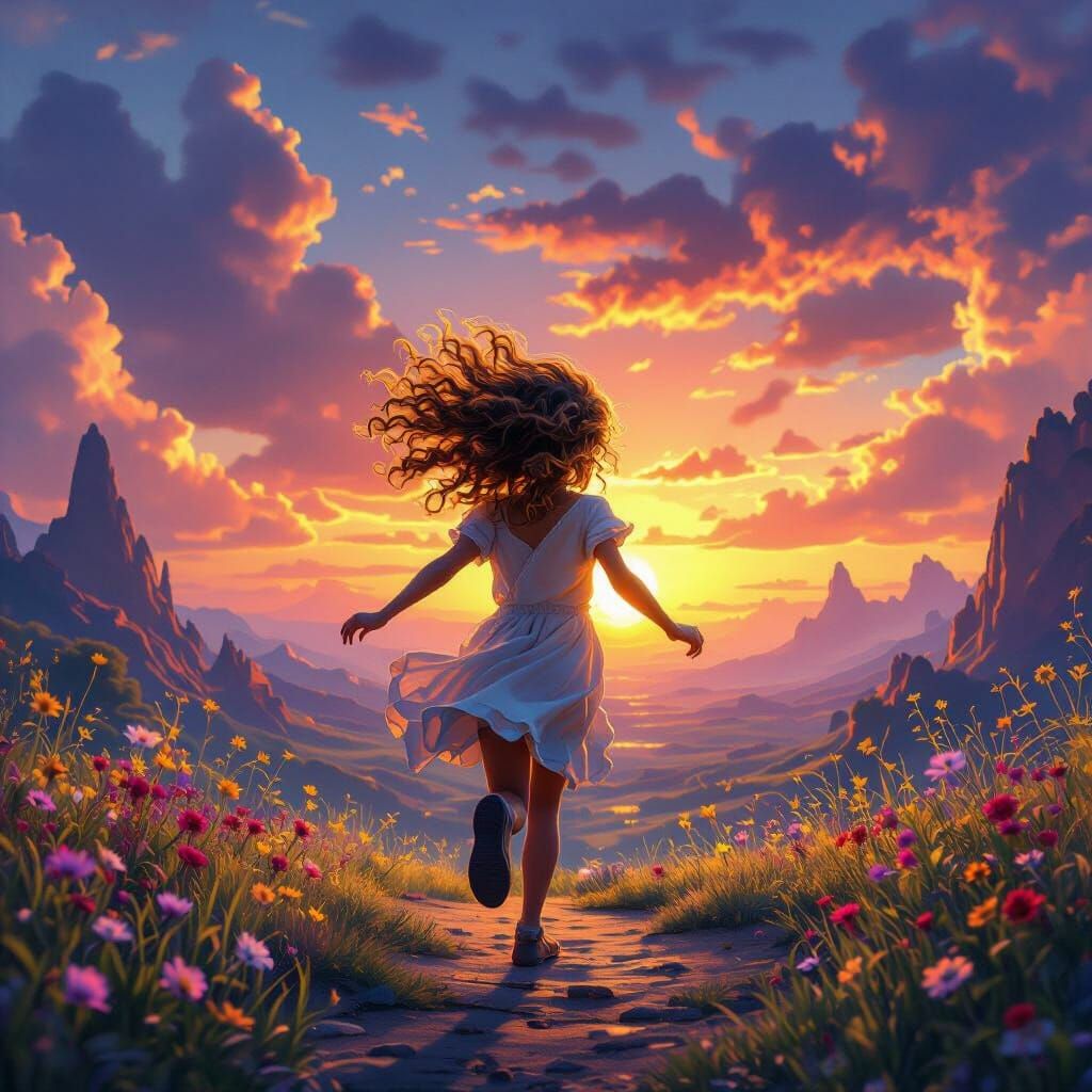 Young Girl Running into Vibrant Sunset Fantasy Landscape