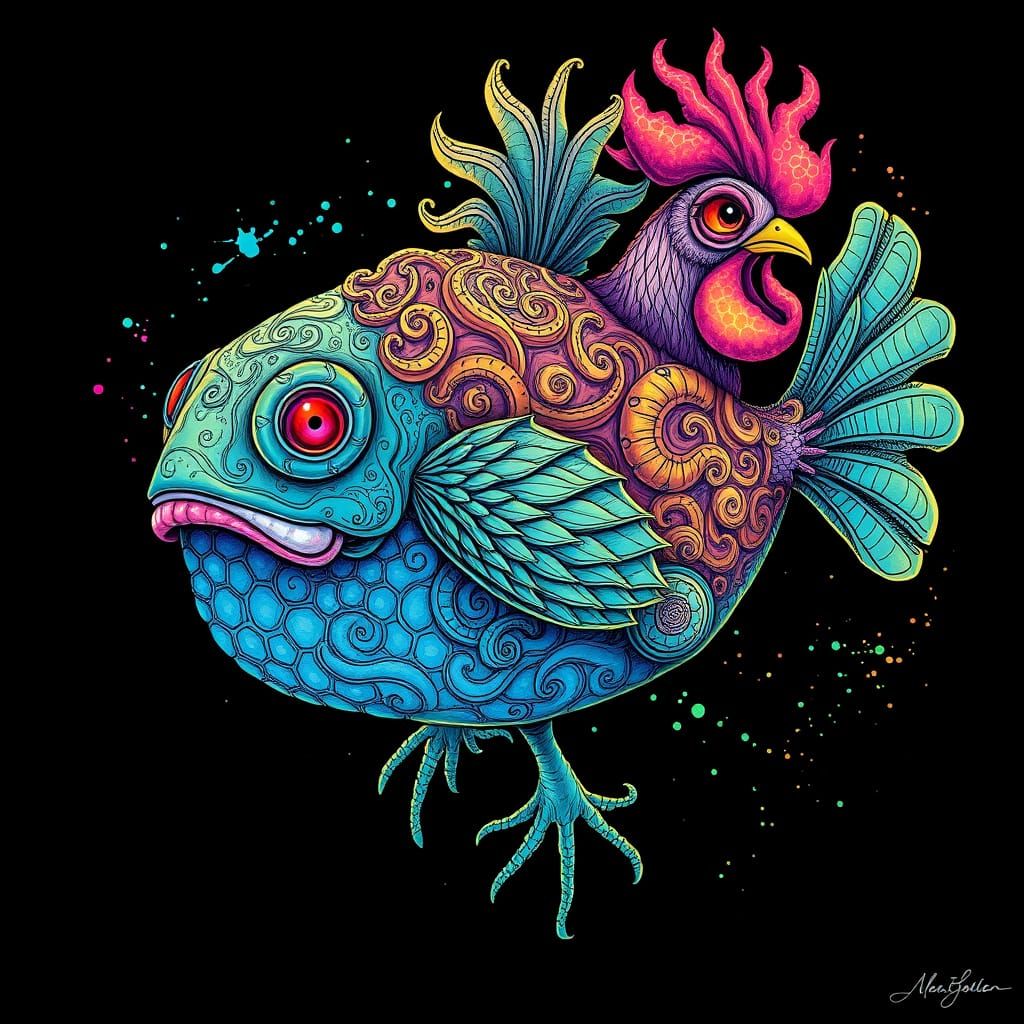 Majestic Ink Drawing of a Psychedelic Blobfish-Chicken