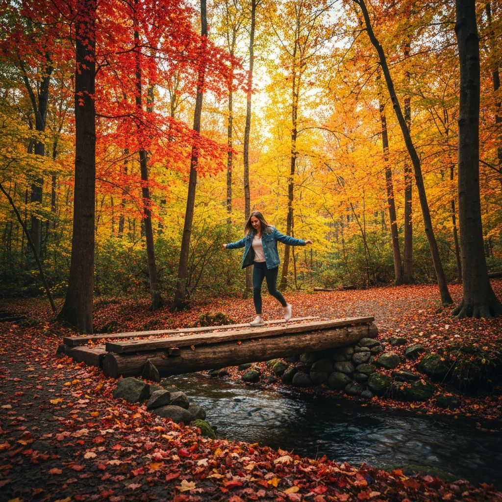 Woman on Log Bridge in Sun-Dappled Autumn Forest