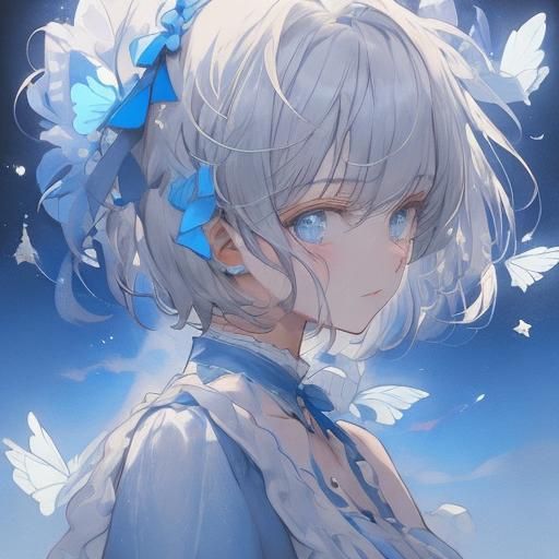 Girl in Blue Gown Releasing Butterflies in Anime Style