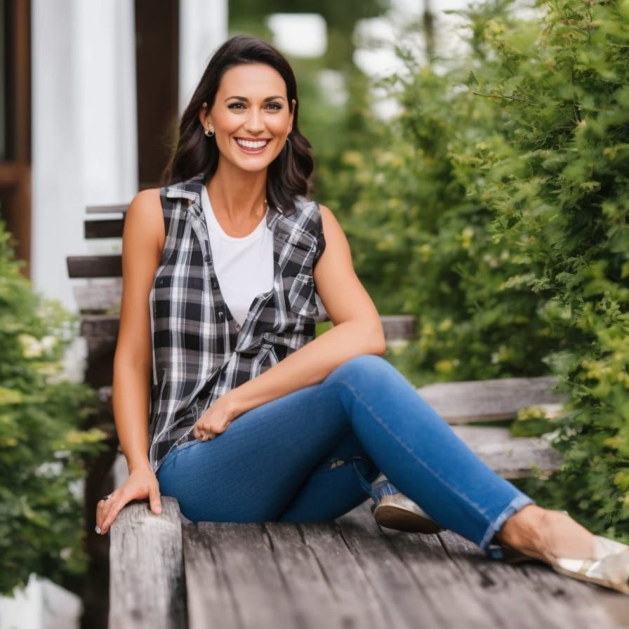 Smiling Woman in Garden on Wooden Bench