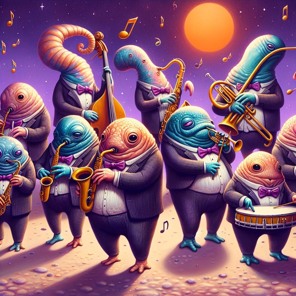 Whimsical Alien Jazz Band in Vibrant Tuxedos