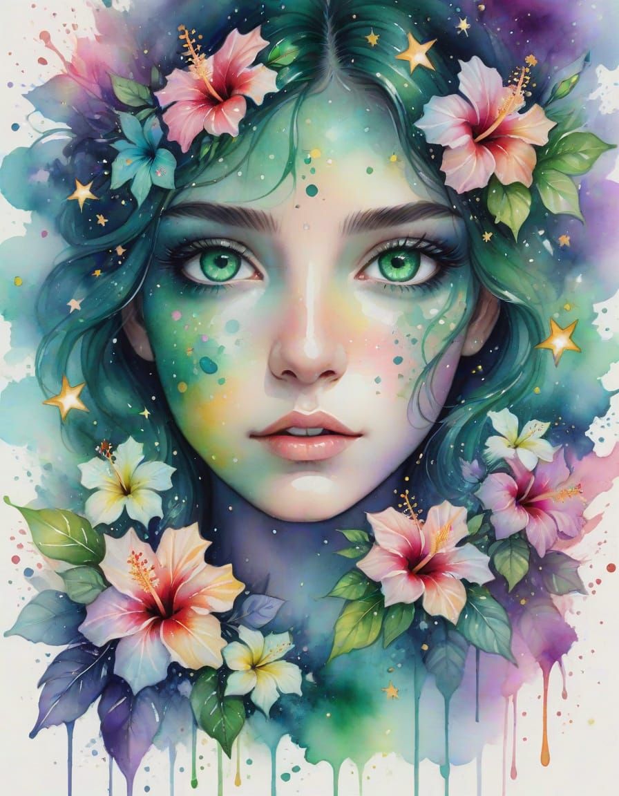 Emerald Eyes Surrounded by Stars and Flowers in Watercolor