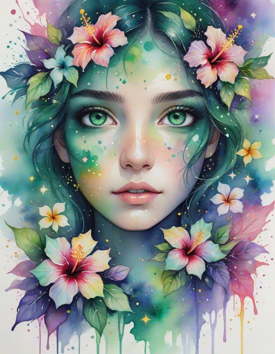 Emerald Eyes with Stars and Hibiscus: Watercolor Art