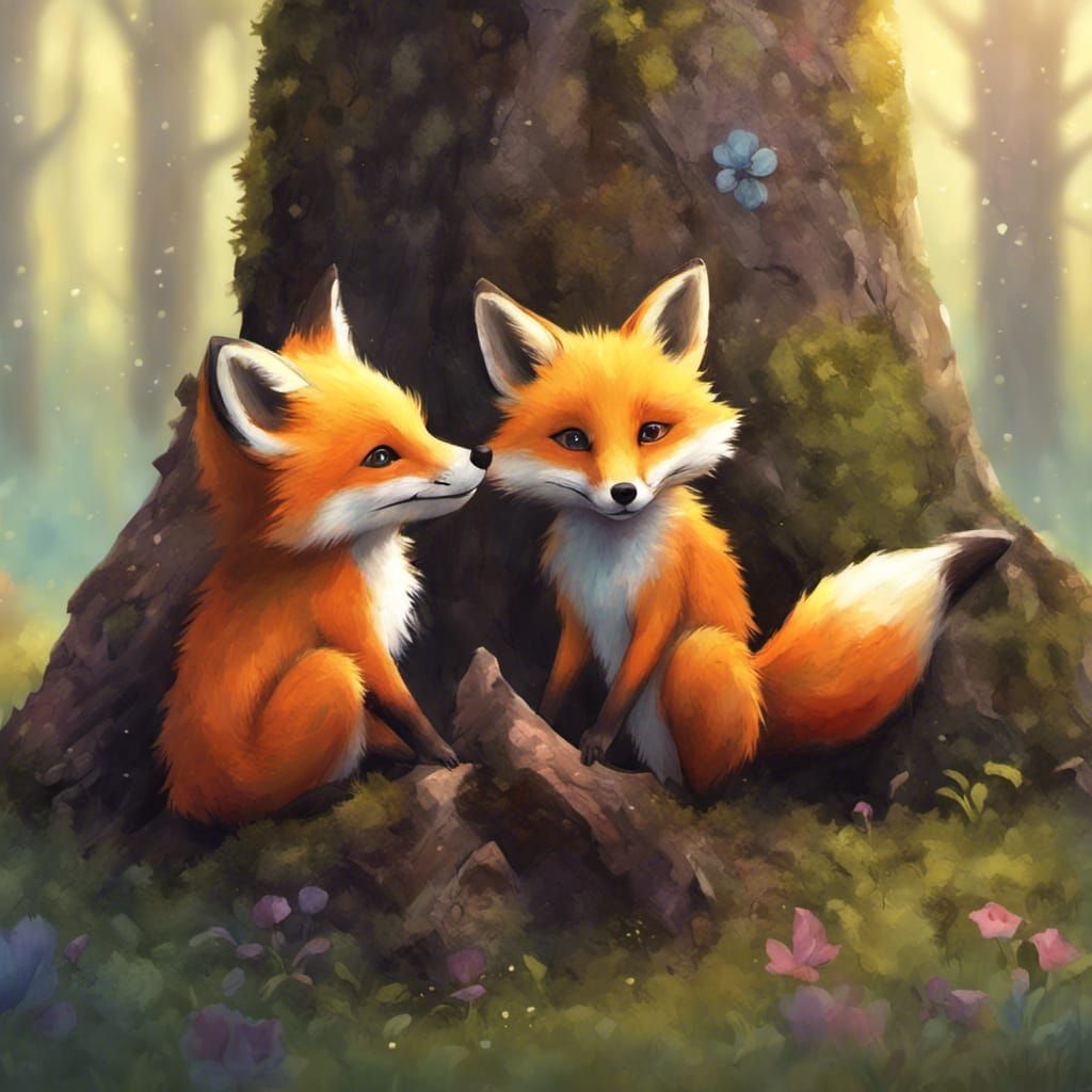 Rainbow Foxes on a Tree Trunk, Detailed Illustration