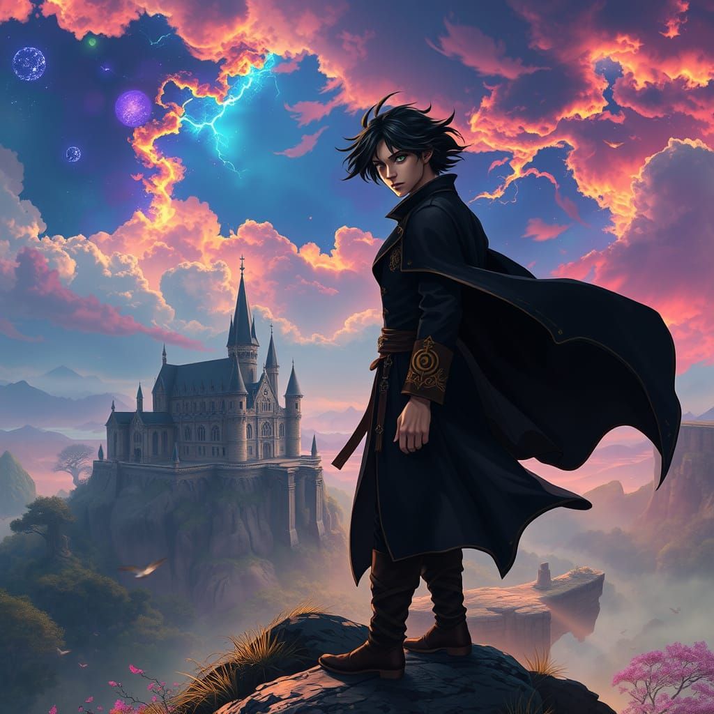 Mystical Wizard Stands at Windswept Cliff's Edge, Gazing at ...