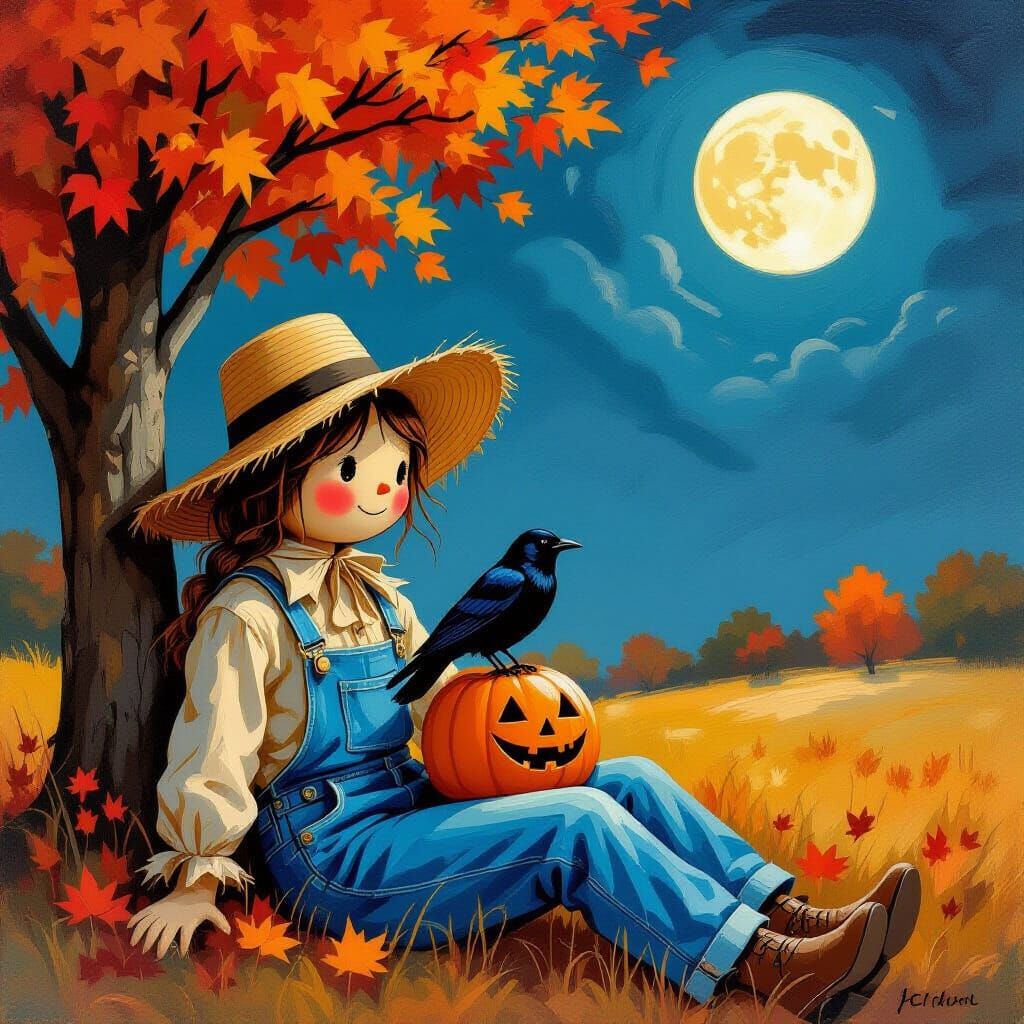 Cute Pumpkin Scarecrow with Crow Under Full Moon