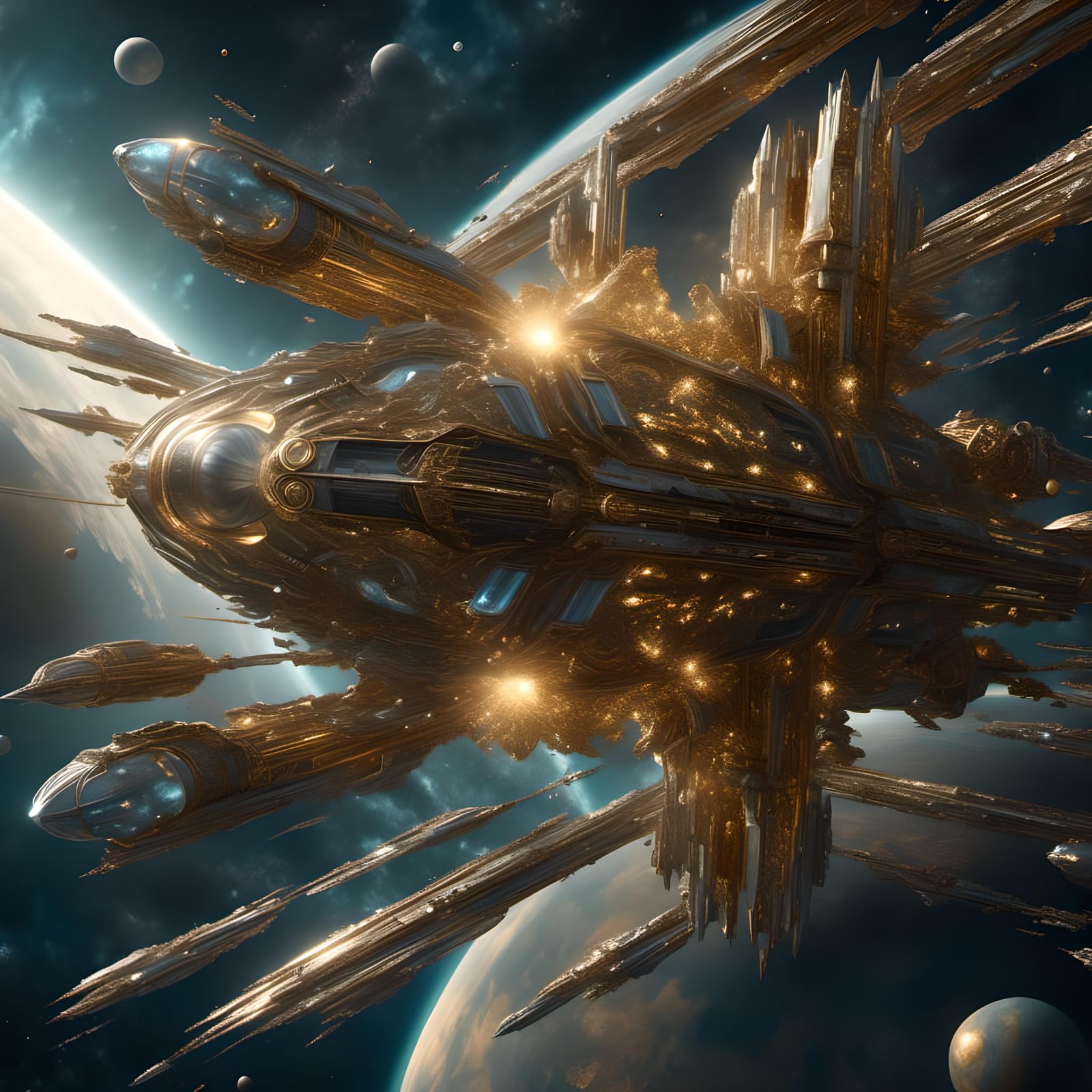 Epic Starship Orbiting Metallic Shard Planet