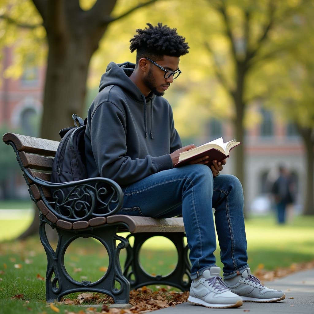 Young African American Man Reading on Park Bench