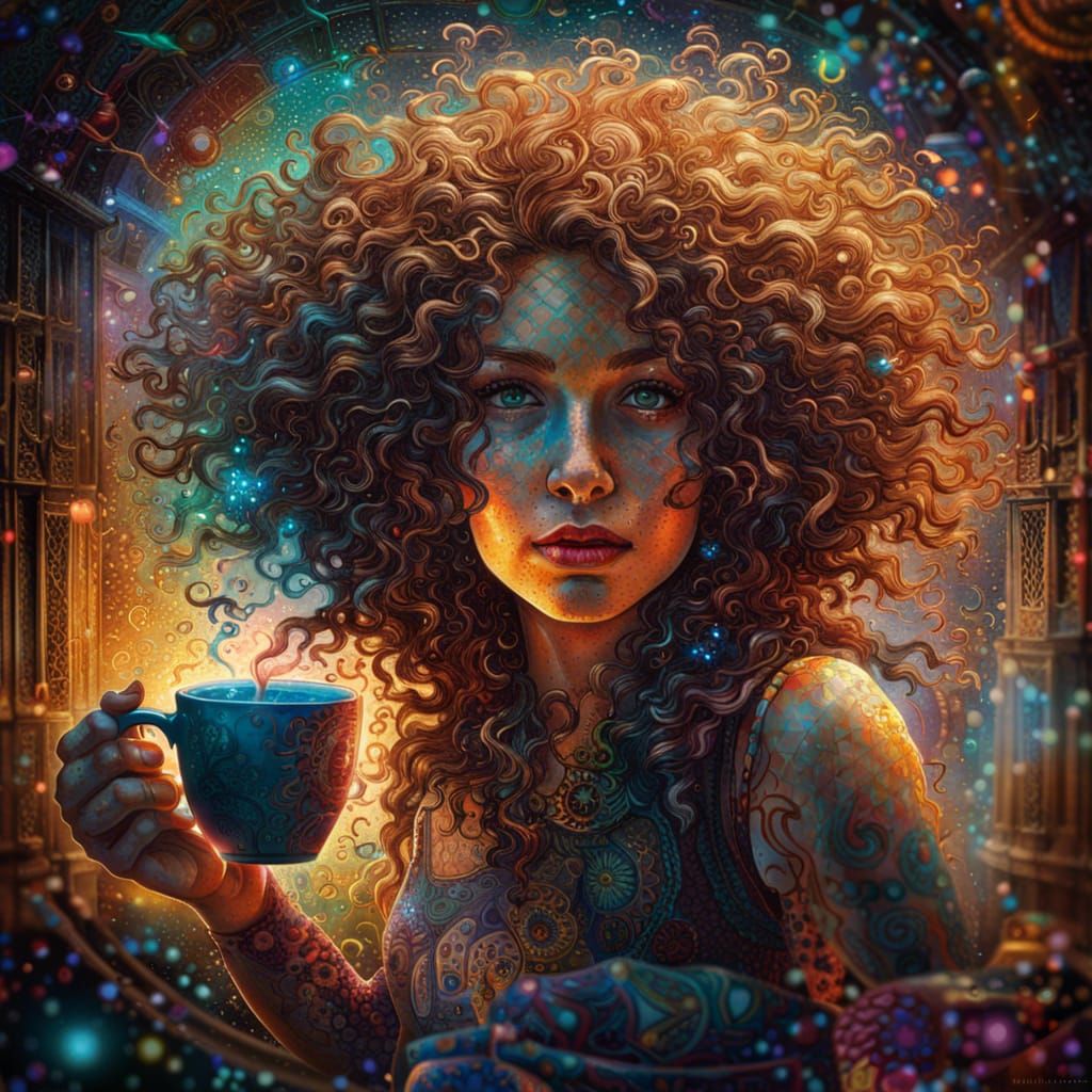 Kinetic Impressionist Girl with Coffee, Detailed Artwork