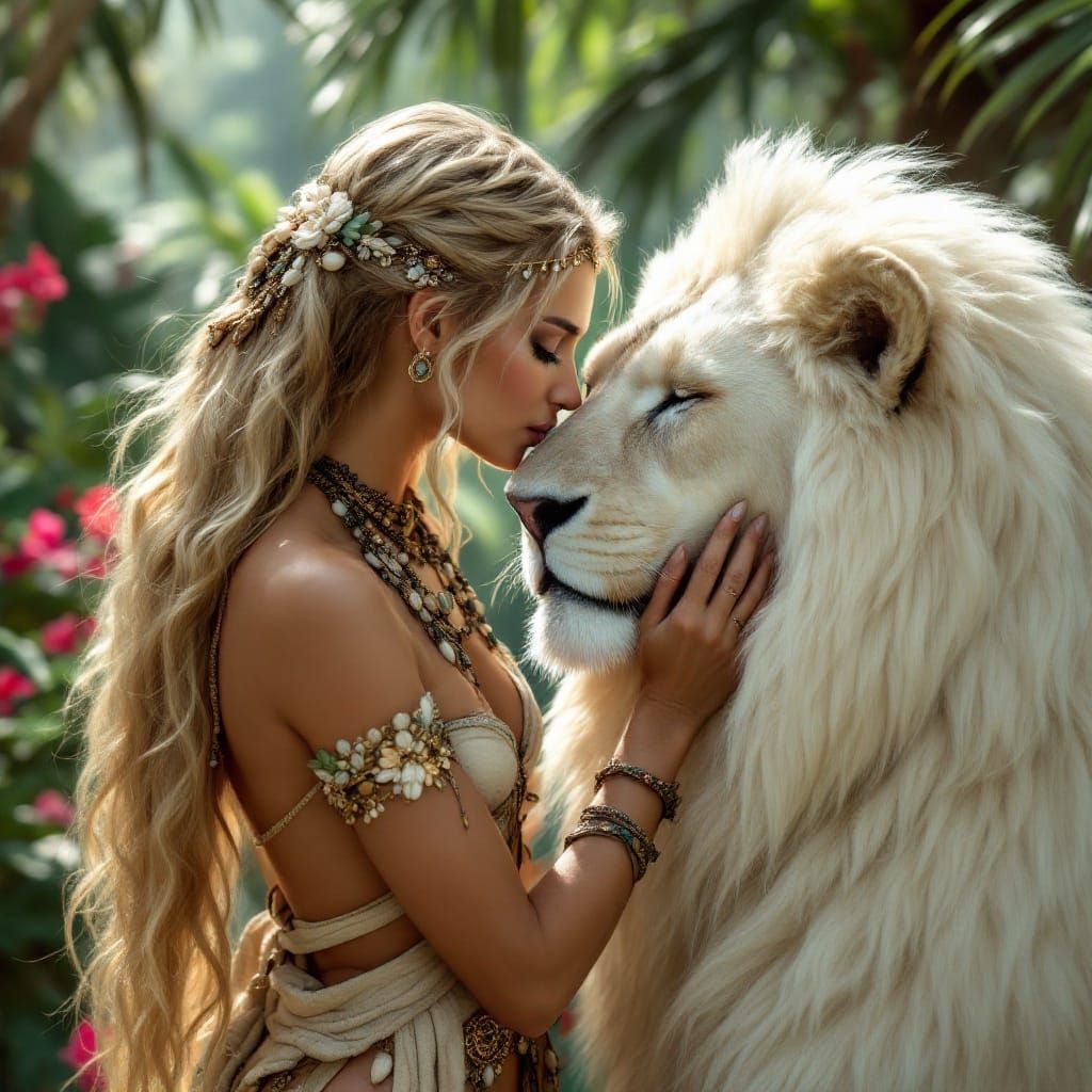 Warrior and White Lion Share Moment of Peace
