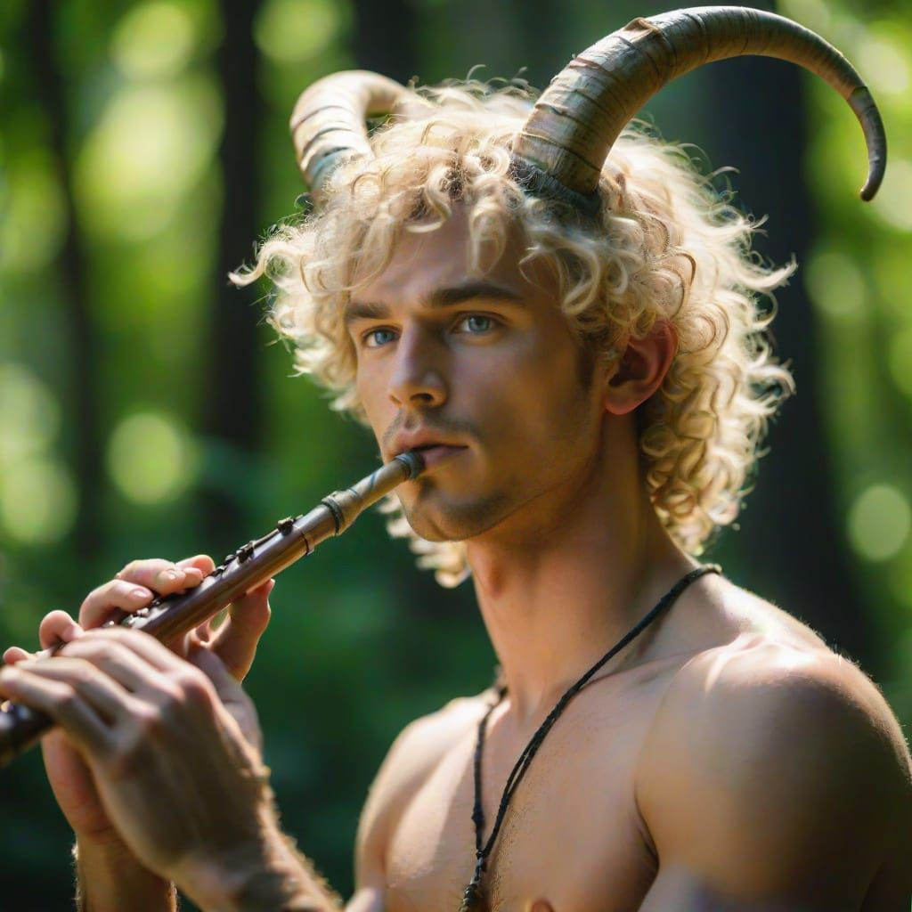 Handsome Man in Pan Disguise Playing Flute in Forest