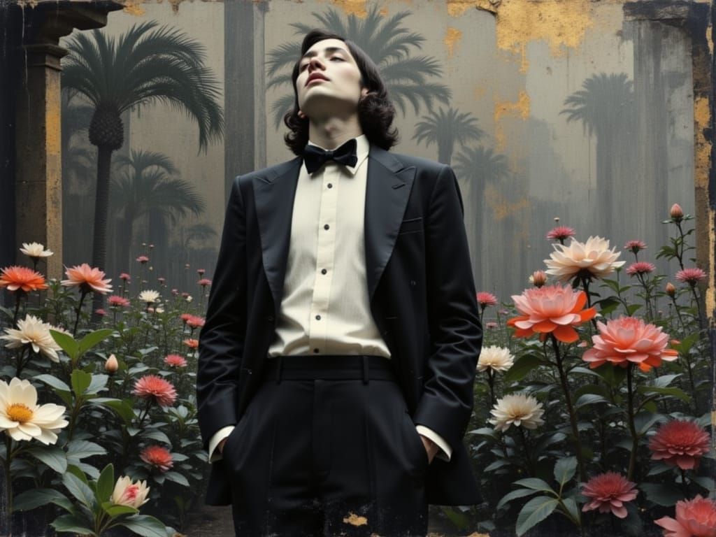 Man Singing in Rainy Art Deco Garden