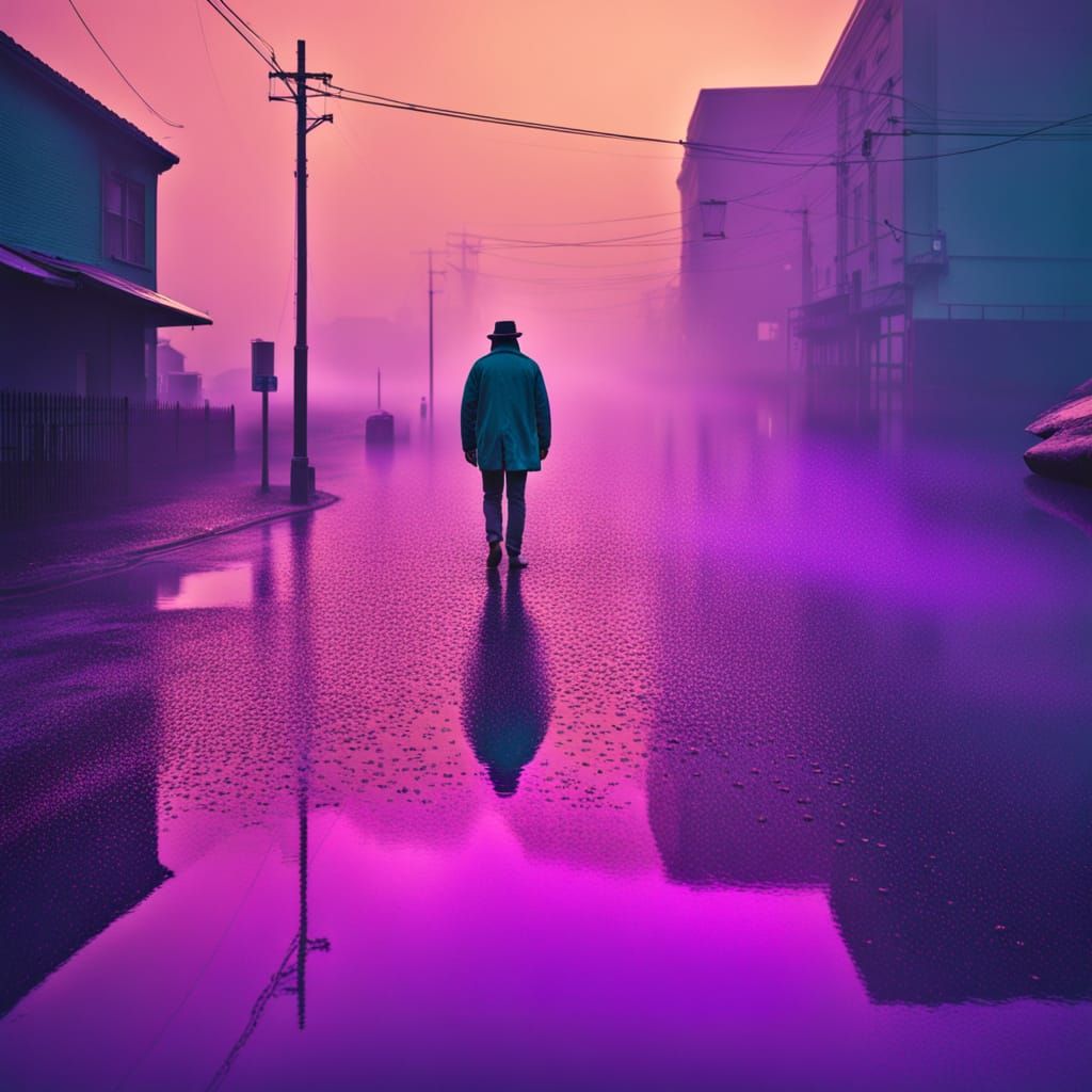 Dreamy Foggy City Street with Pastel Neon Lights