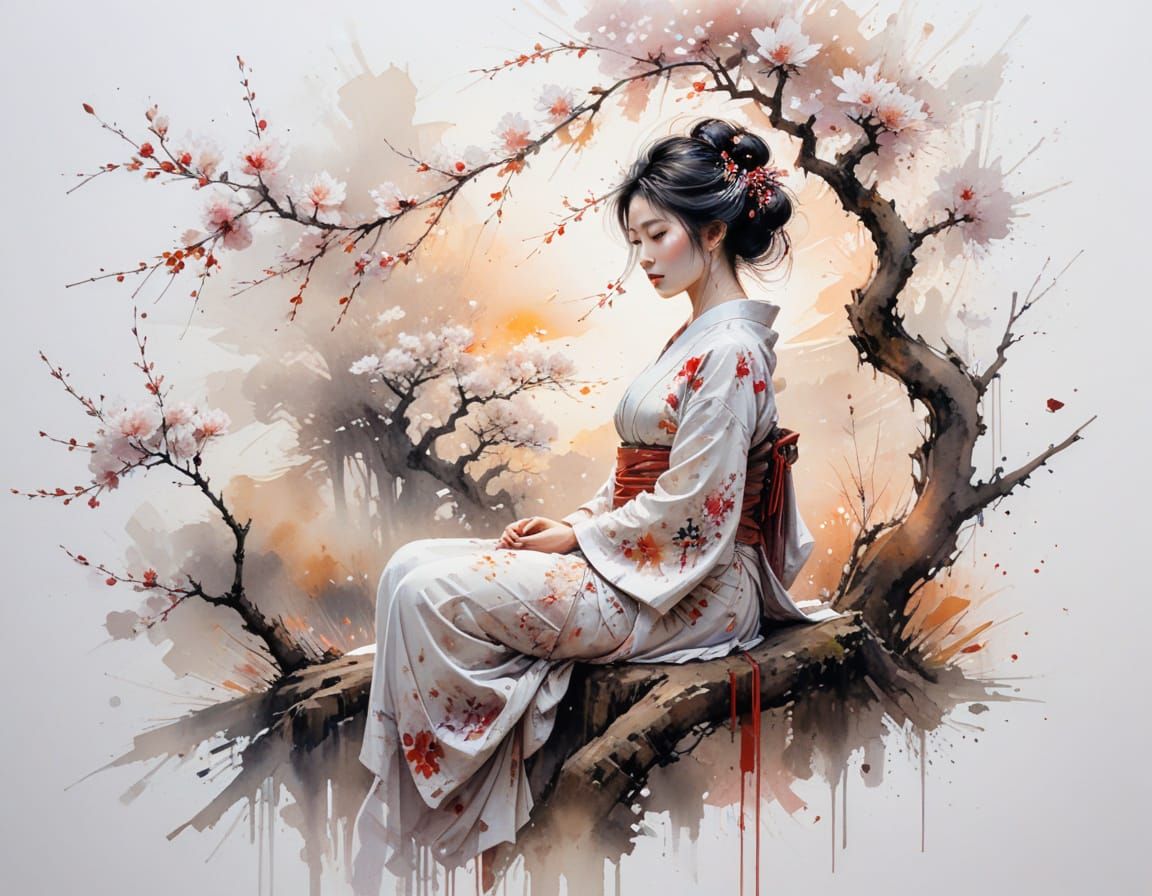 Meditating Geisha Under Blossom Tree at Sunset