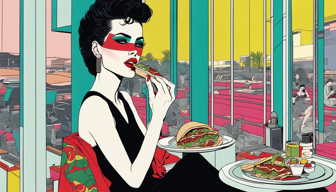 80s Fashion Model Eating Mexican Food, Nagel Style