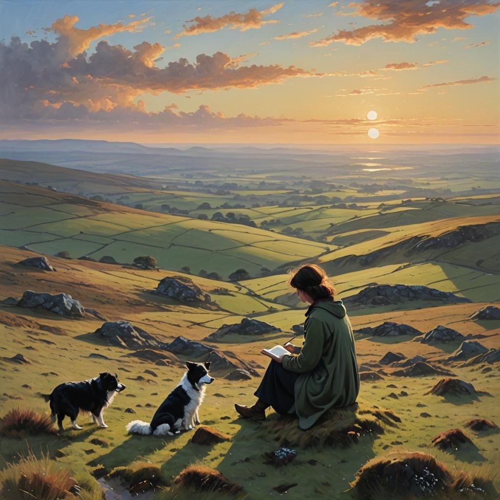 English Moors Sunrise: Writer and Border Collie in Oil