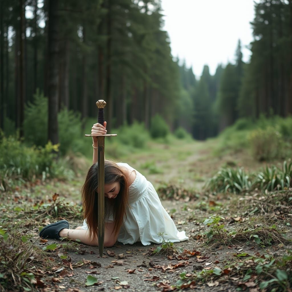 Woman Kneeling with Sword in Forest