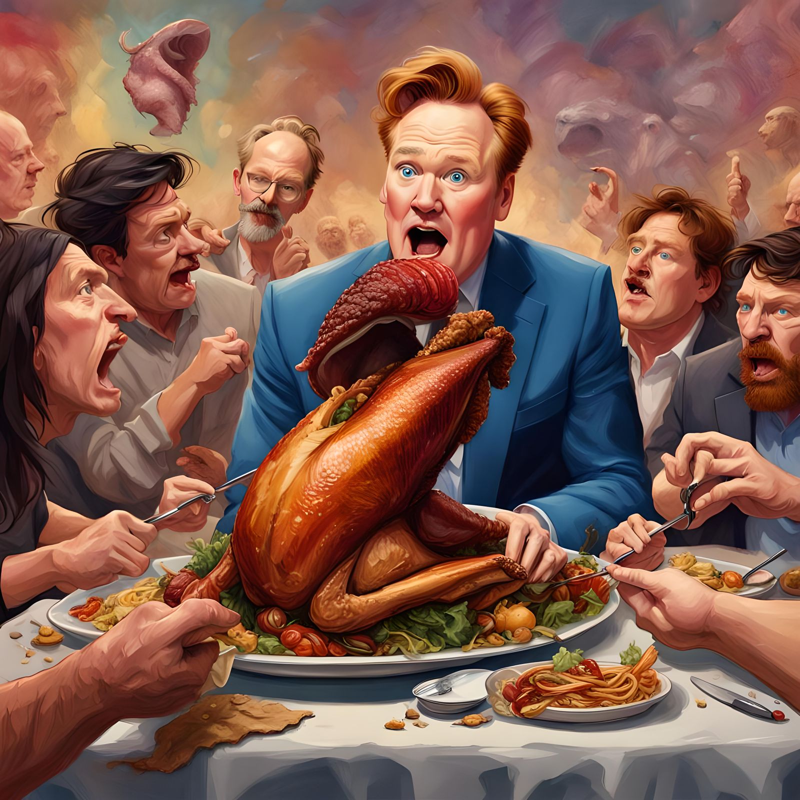Conan O'Brien with Turkey Leg: Hyperrealistic Splash Art