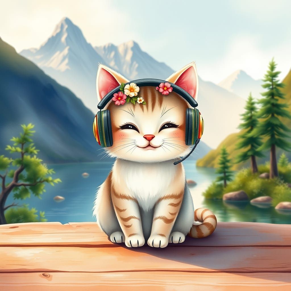 Chibi Cat in Vintage Headphones on Wooden Surface