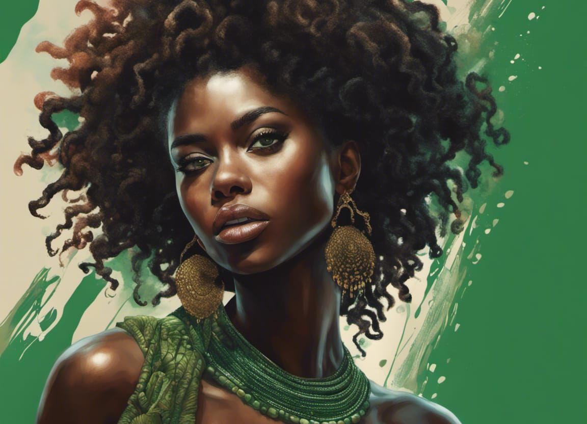 Elegant Black Woman with Green Eyes: Splash Art