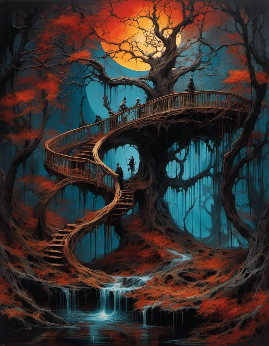 Surreal Lunar Eclipse with Gothic Horror Landscape