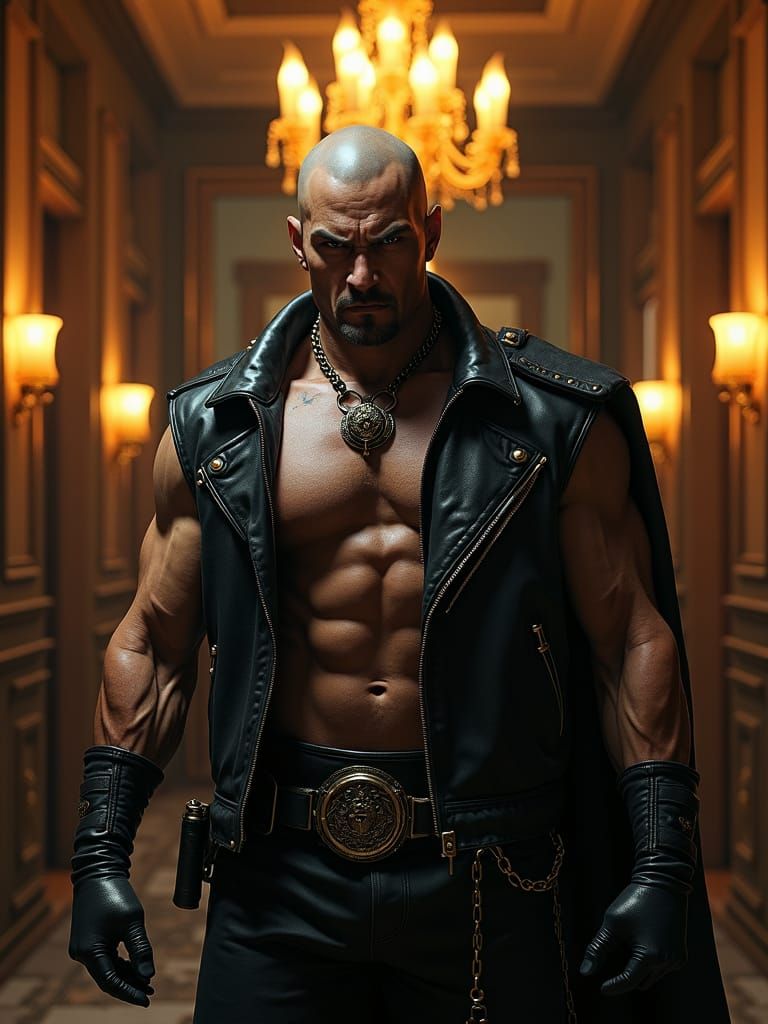 Furious Biker Portrait in Opulent Hotel, Concept Art