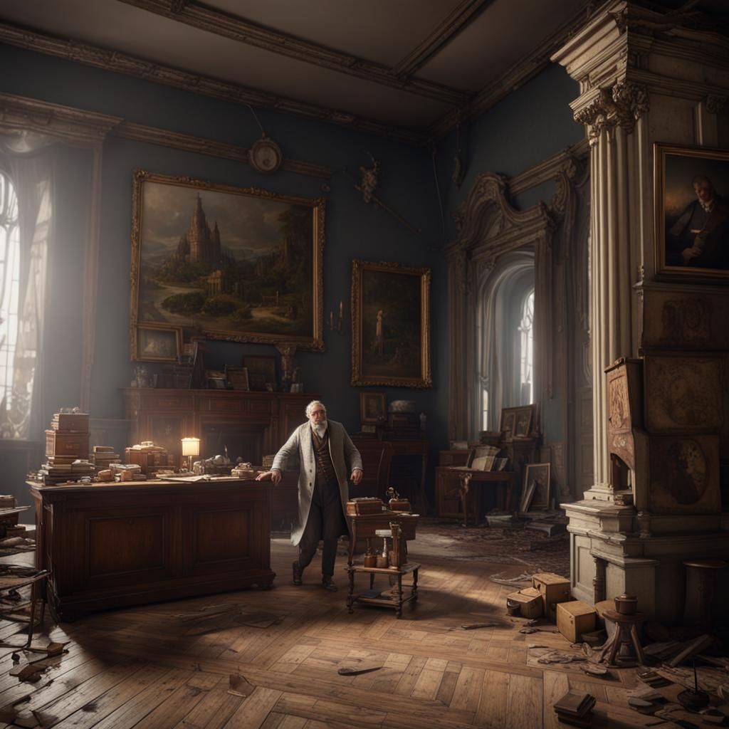 Antiques Dealer Saluting Amidst Tornado of Antiques