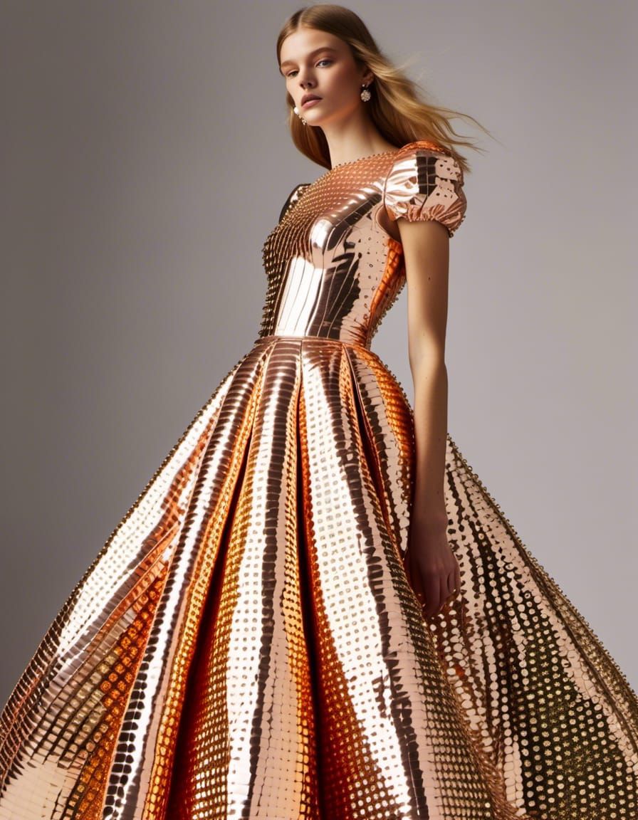 Woman in Shiny Two-Tone Metallic Ball Gown