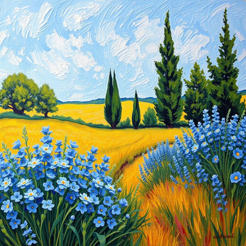 Van Gogh Style Summer Scene with Sunflowers