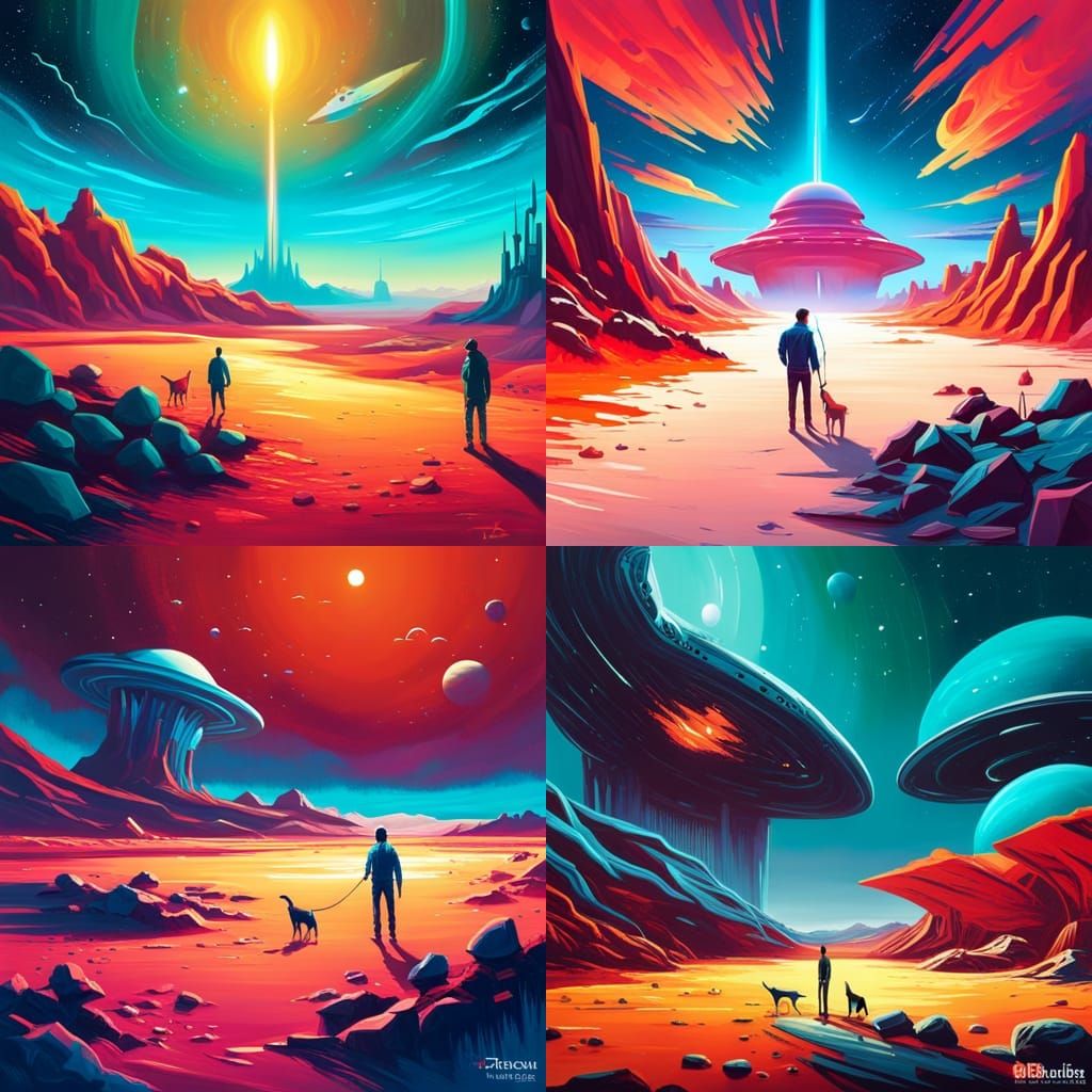 Man and Dog on Alien Planet in Oil Painting Style