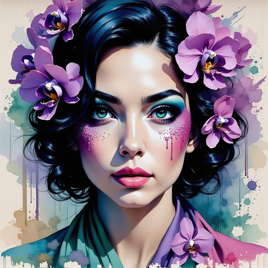 Colorful Woman Portrait with Orchids in Digital Art Style
