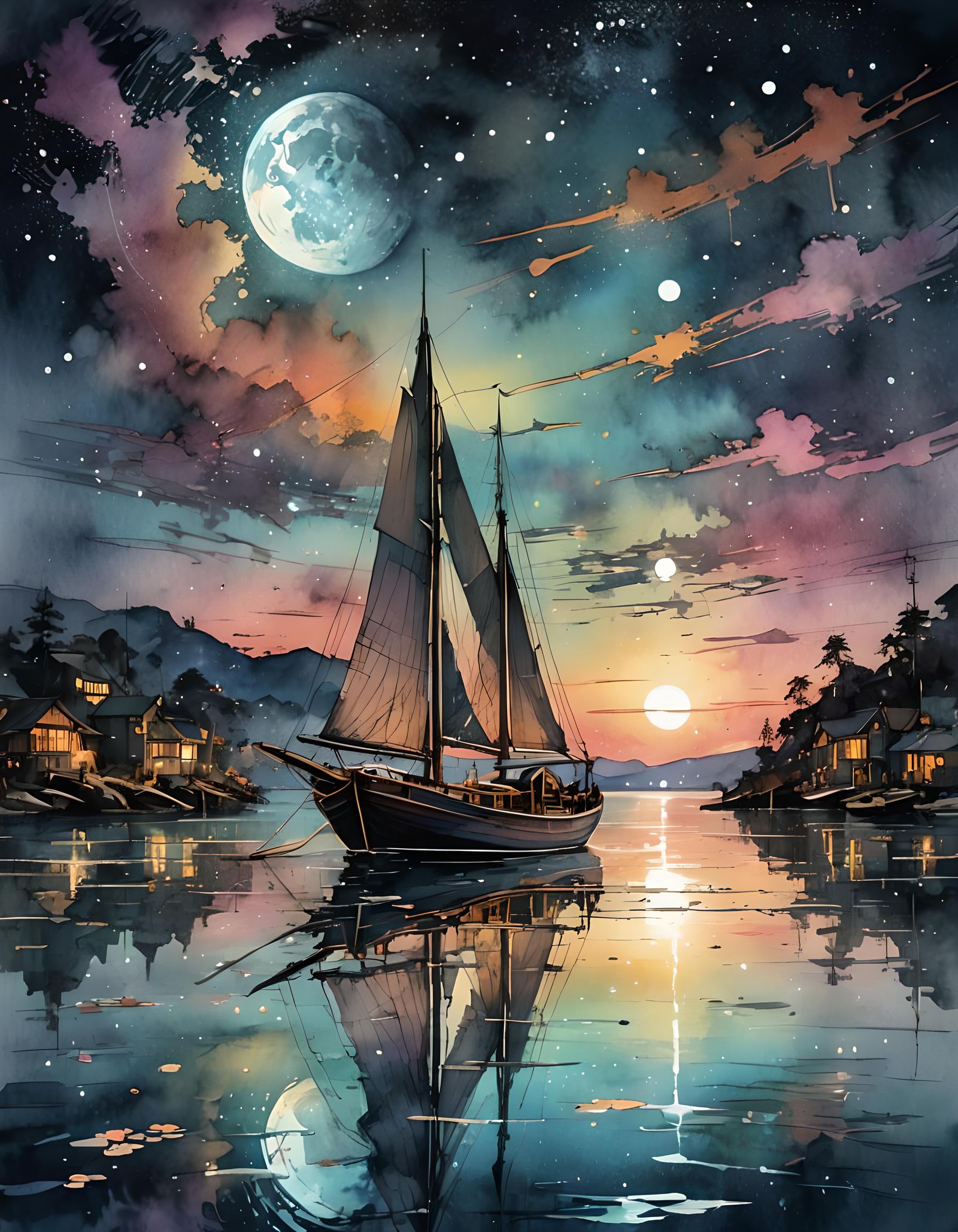 Boat on Moonlit Waters: Digital Watercolor Summerscape