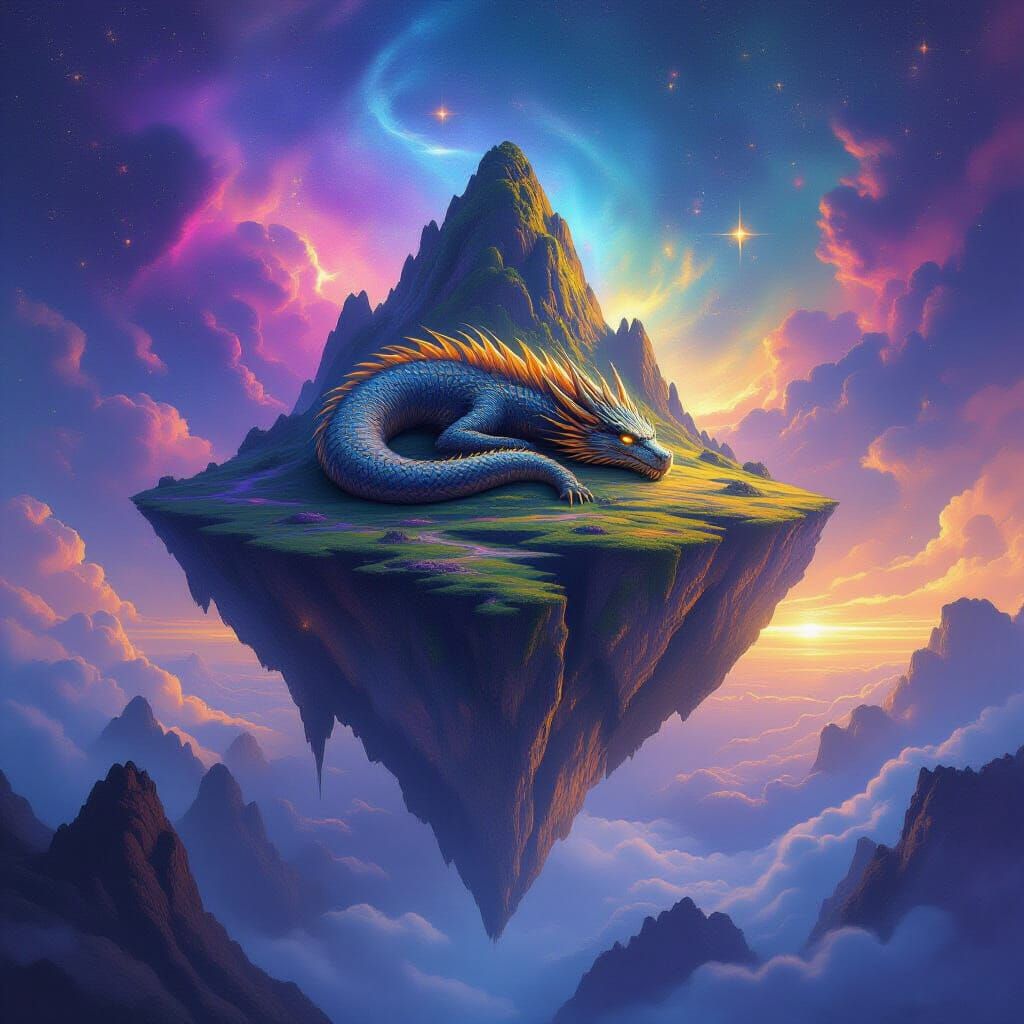 Ancient Dragon Sleeps on Floating Mountain in Cosmic Nebula